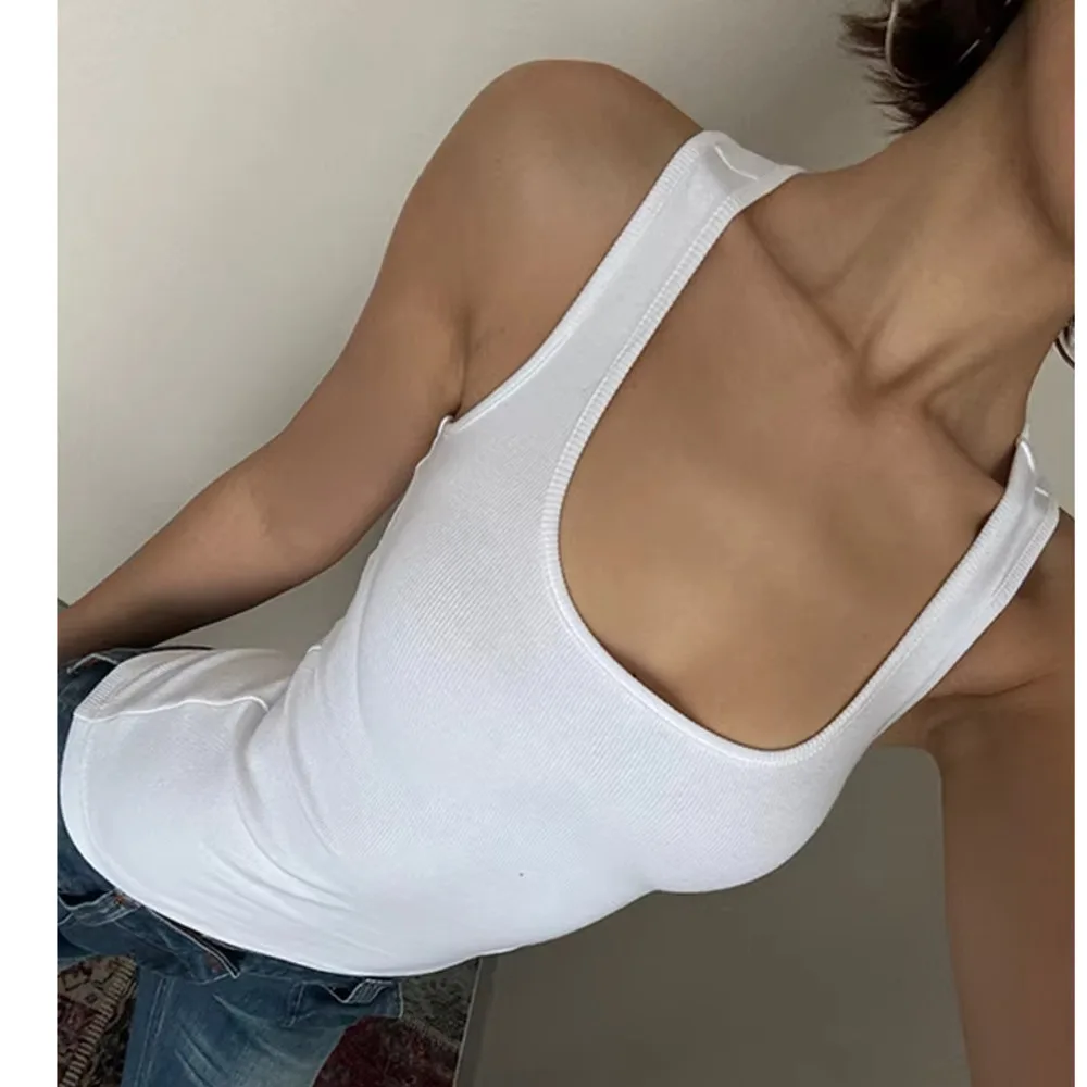 VanessaLab New White Hot Girl U-Shaped Collar Versatile Elastic Solid Color I-Shaped camisole tank Top For Women