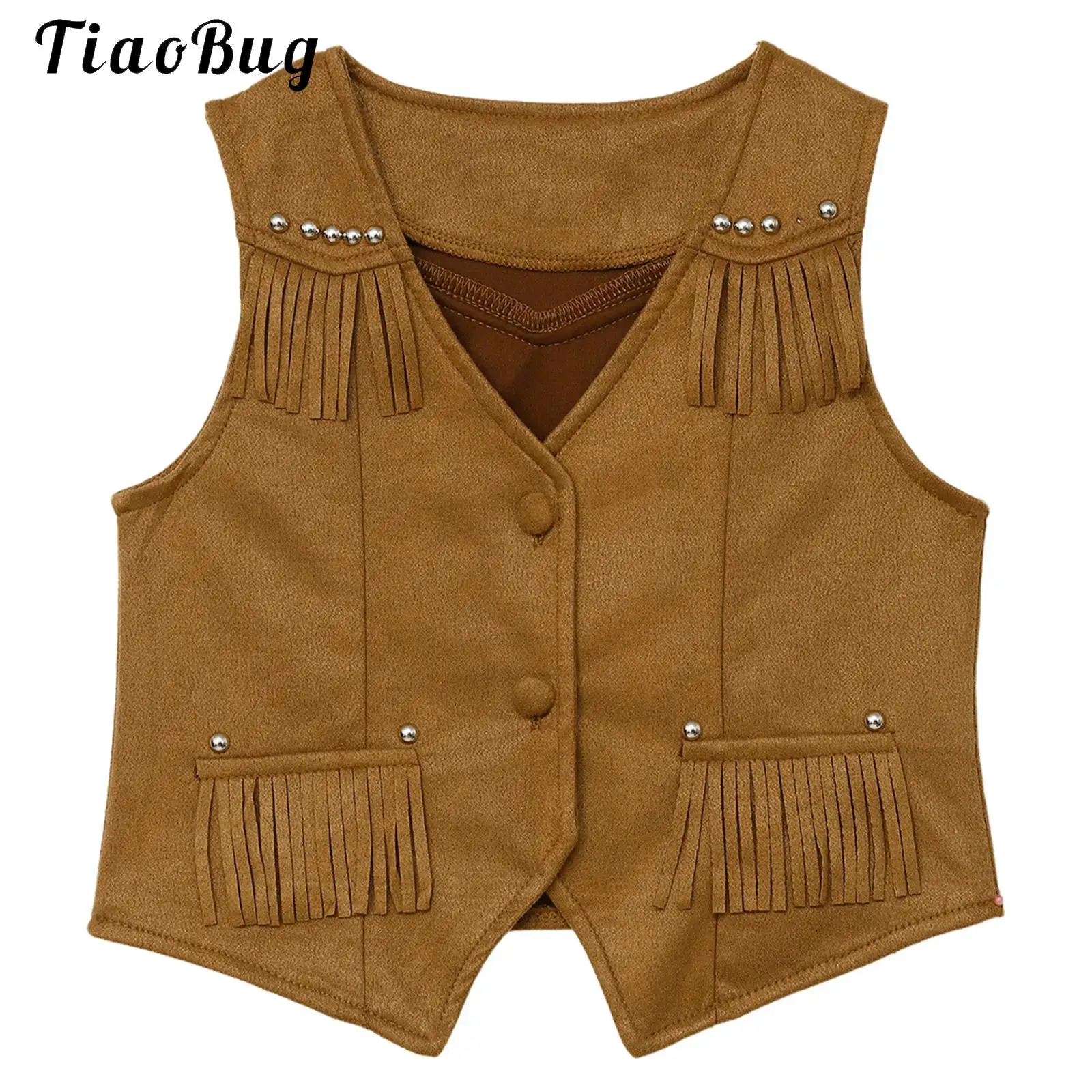 

Kids Girls Cowboy Vest Vintage 70s Hippie Boho Faux Suede Waistcoat Tassels Vest Halloween Western Cowgirl Cowboy Costume Jacket