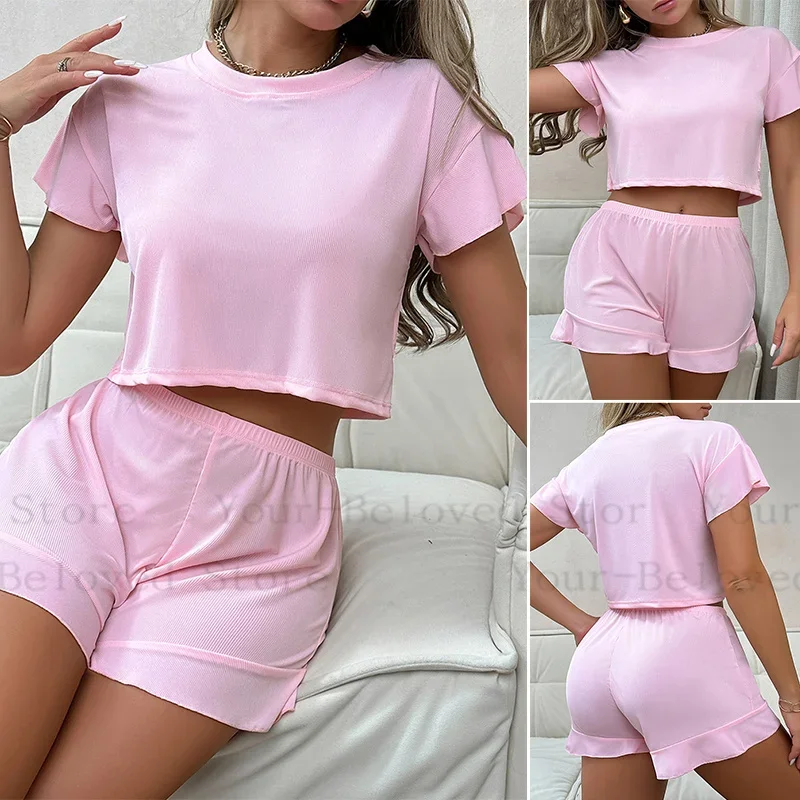 

Pink Loungewear Casual Crew Neck Top&shorts 2Pcs Pajamas Suit Women Two Piece Set Slim Breasted Home Clothes Solid Sleepwear
