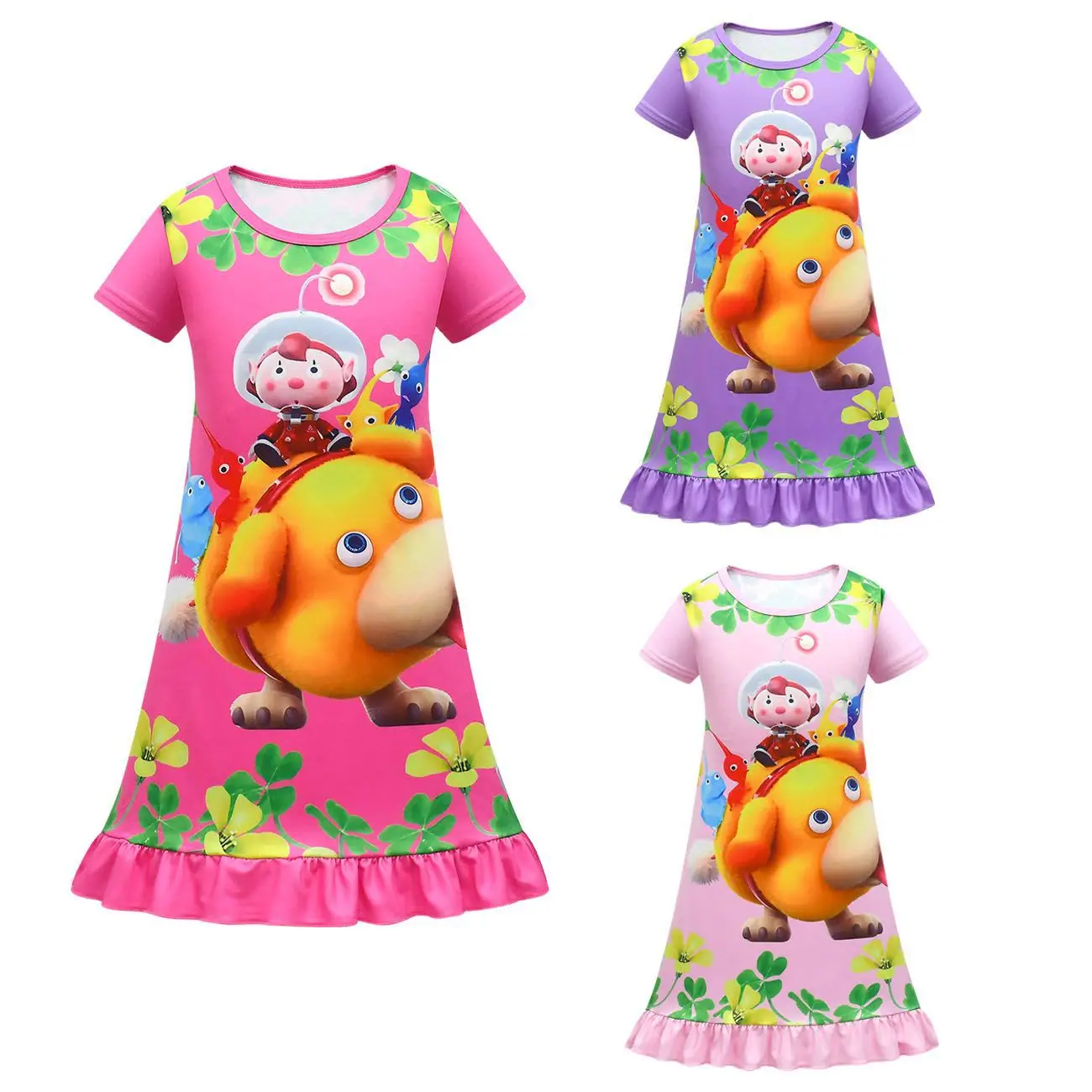 Kids Girls Anime Cartoon Alien Print Short Sleeves Princess Dress Outfit Christmas Role Play Halloween Cosplay Costume