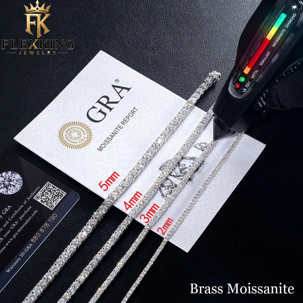 

FLEXKING 2/3/4/5mm Brass Iced Out VVS1 Moissanite Tennis Necklace Lab Diamond GRA Certified Pass Diamond Tester Hip Hop Jewelry