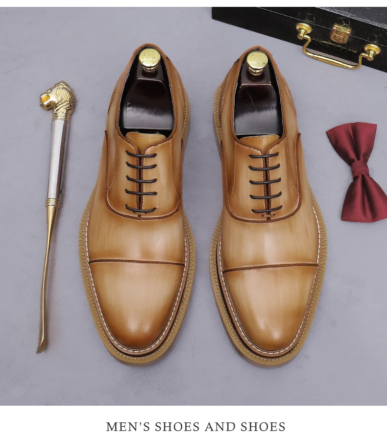 Men's Top Layer Cowhide Three Joint Polished Leather Oxford Shoes Business Wedding Formal Dress Shoes
