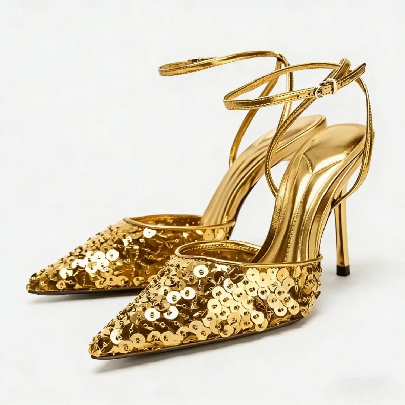 

Gold Sequin Embellished Heels Women Sexy Pointed Toe Ankle Strap Buckle Stiletto Sandal Luxury Party Designer Shoe Zapatos Mujer