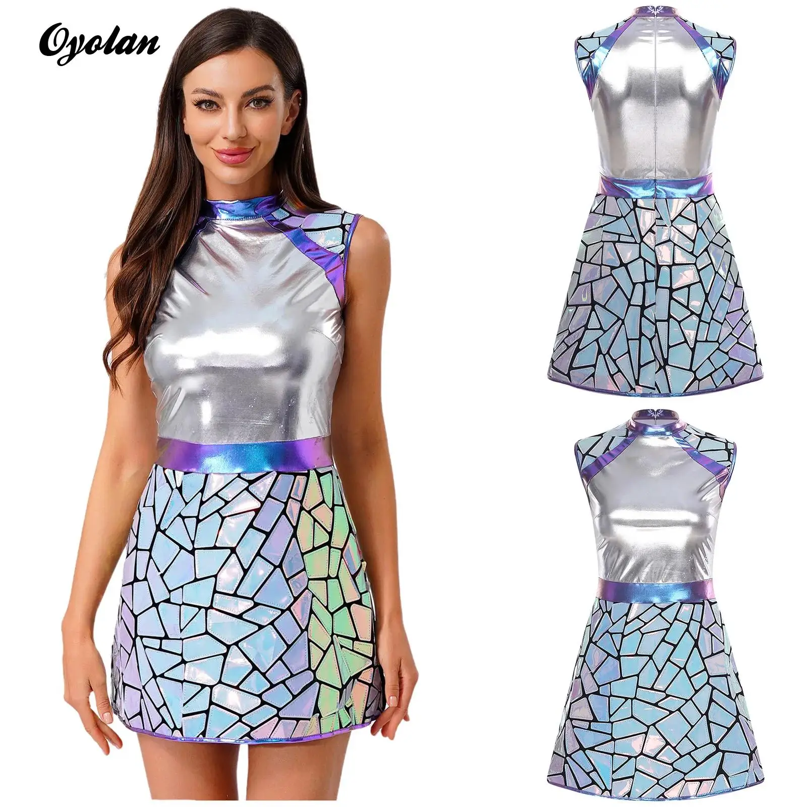 

Women Space Astronaut Alien Robot Warrior Cosplay Costume Sequin Metallic Shiny A-line Dress Fighter Space Cade Dress Up Outfits