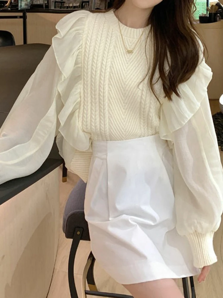 

Женские свитера с длинным рукавом и круглым вырезом, осенне-зимние модные удобные однотонные повседневные топы с воланами