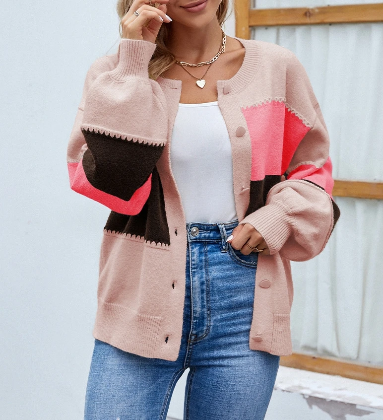 Women's Coat 2025 Autumn Winter Latest Color Blocked Single Breasted Knit Sweater Lantern Sleeve Sweater Cardigan Open Front