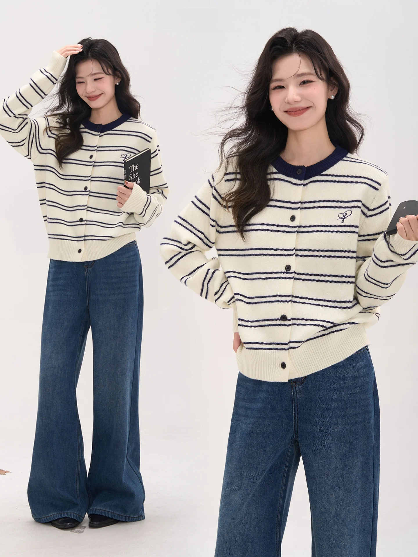 

Женский повседневный вязаный кардиган с вышивкой Heme Flower Field Window Bear Hug, в полоску, с круглым вырезом и длинными рукавами