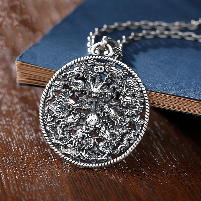 925 Thai Silver Masculine and Dominant Nine Dragon Pendant Vintage Wind Xiangyun Dragon Classic Round Men's Necklace Jewelry