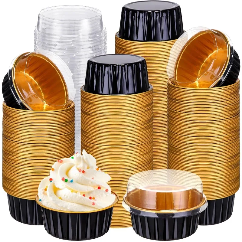 

Disposable Aluminum Foil Baking Cups with Lids 5 oz Ramekins for Creme Brulee Cupcakes Muffins Flan Dessert Wedding