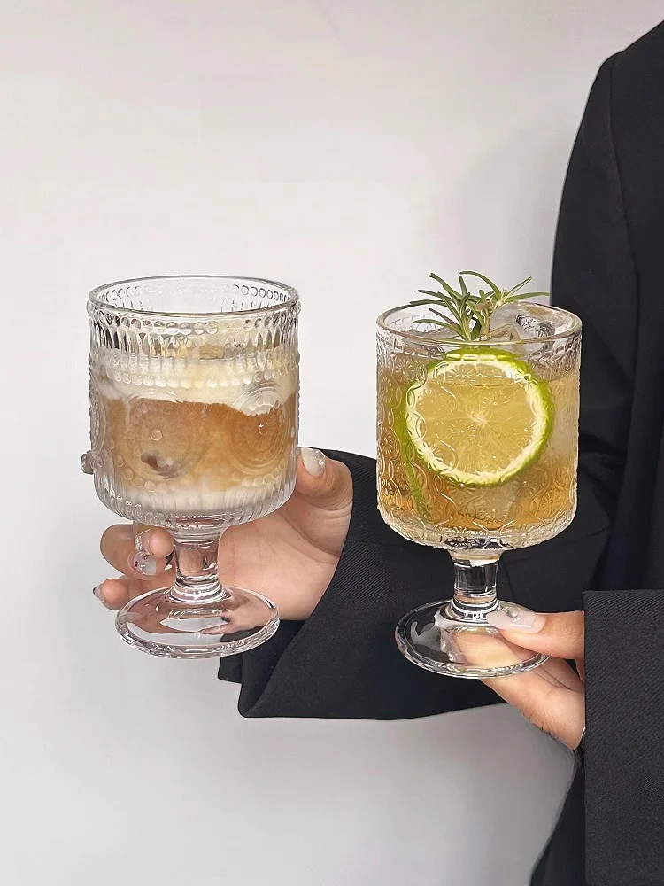 

Suower Relief Design High Footed Glass Cup JOJOS L PDMusic Vintage Sle round ape Single Layer Drinkware without St