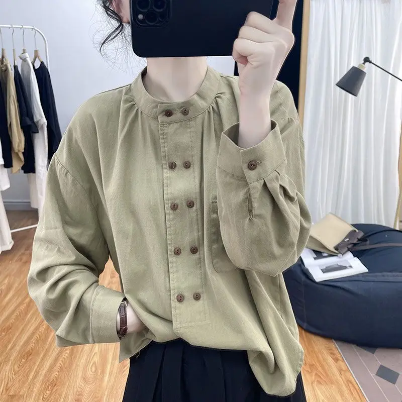 2024 Elegant Fashion Kawaii Shirt Solid Button Pure Cotton Stand Pure Cotton Long Sleeve Tops Women Loose Casual Female Clothes