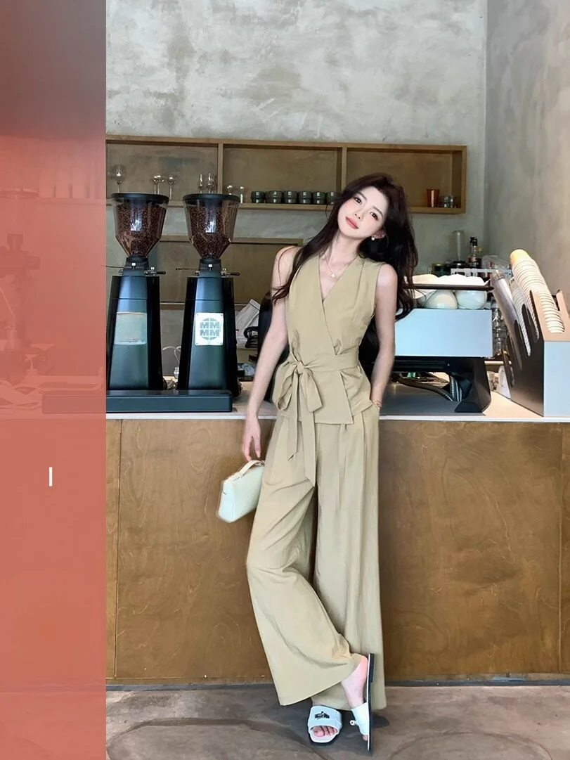 

Casual V-neck Loose Wide Leg Pants Two-piece Set Summer Women's Side Tied Loose Fit Ensemble Fashionable Student Work Uniform
