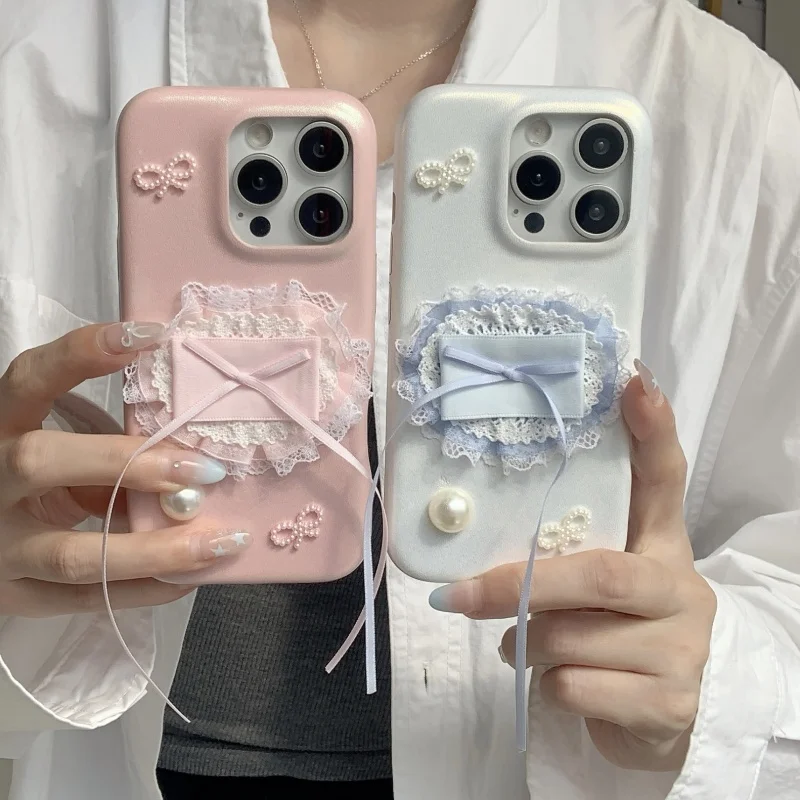 

Luxury Pearl Lace cloth Leather Phone Case for iPhone 13 14 15 16 Pro Max 16pro 15pro 14pro 3D Bow PU Skin Cover Funda