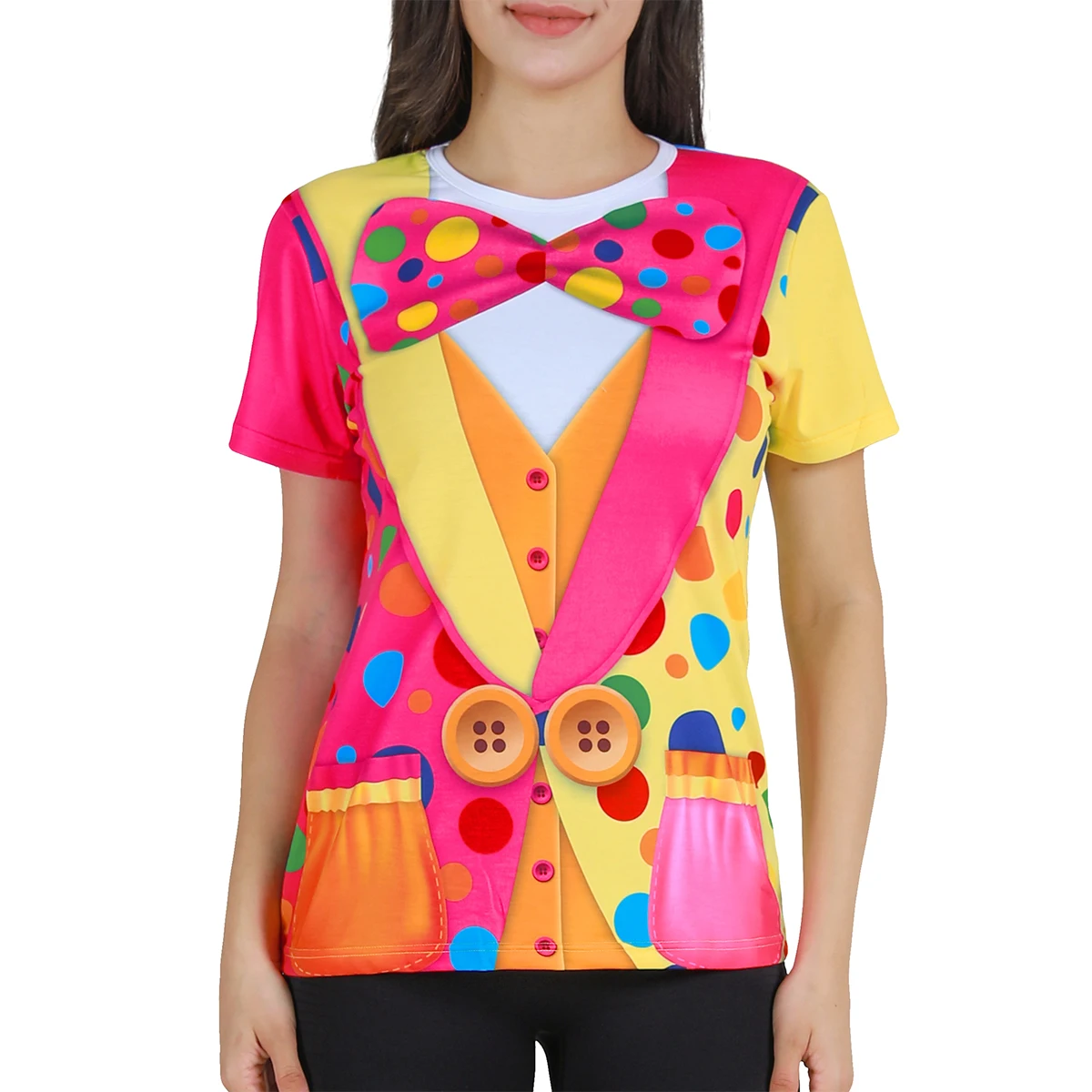 Women Clown Costume Circus Shirt Adult Lady Halloween Carnival Outfit Oversize Bow Graphic O Neck 3D Print Colorful Short Sleeve