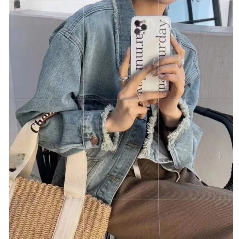 Pop lente nieuwe retro geborstelde rand denim jack met ontwerp temperament denim top voor dagelijks gebruik veelzijdige jas trendy outfit