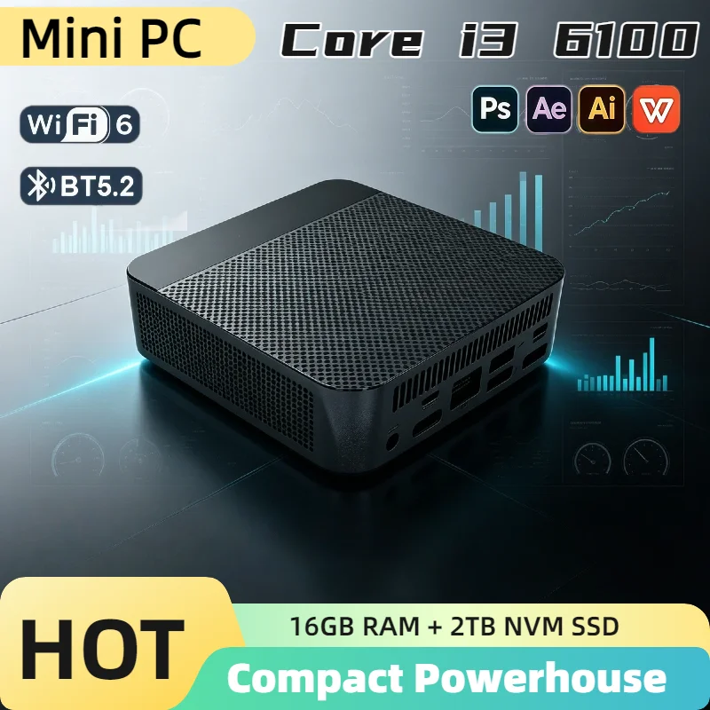 Intel Core i3 6100 Portable Mini PC 16GB DDR4 M.2 NVMe SSD Triple 4K Silent Cooling WiFi6 Office Home Desktop Pro Max Unit