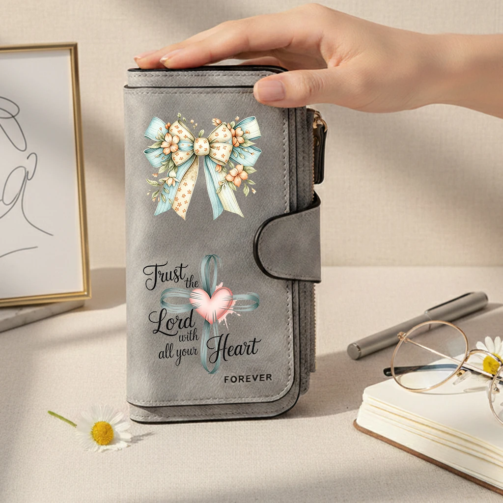 Cross Heart Faith Quote Floral Bow Lange Geldbörse mit Reißverschluss und Schnalle, Handtaschen, Münzgeldbörse, weiches PU, Multi-Kartenhalter, Tasche mit großem Fassungsvermögen – Detail 4