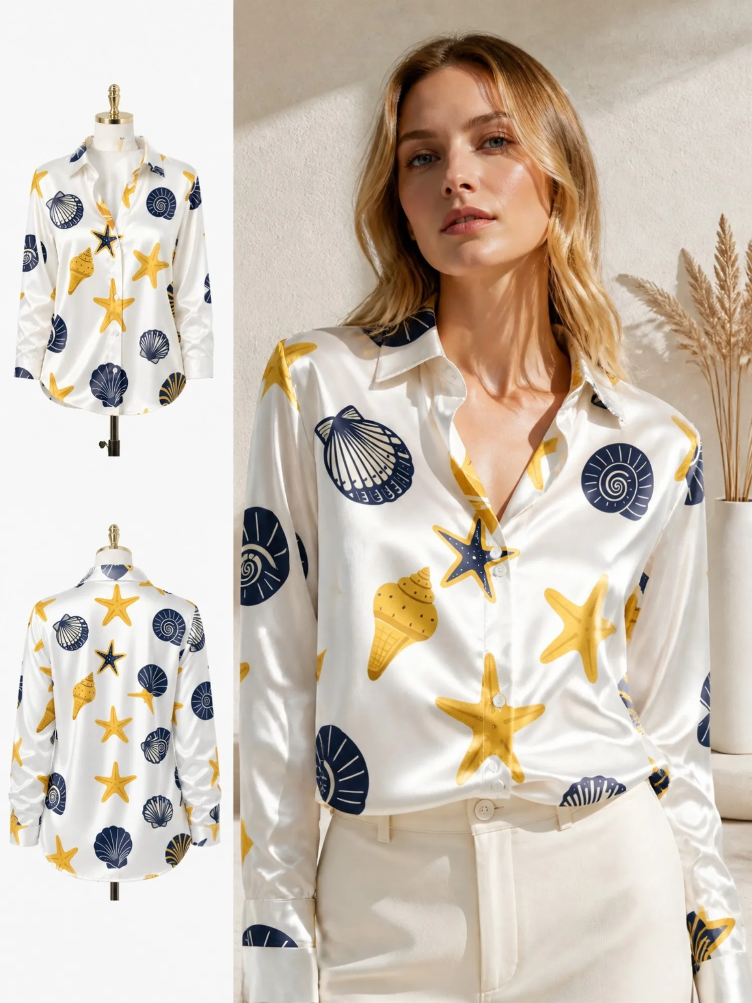 

White Starfish Satin Button Shirt for Women Navy Shell Ocean Print Long Sleeve Blouse Coastal Beach Vacation Casual Top