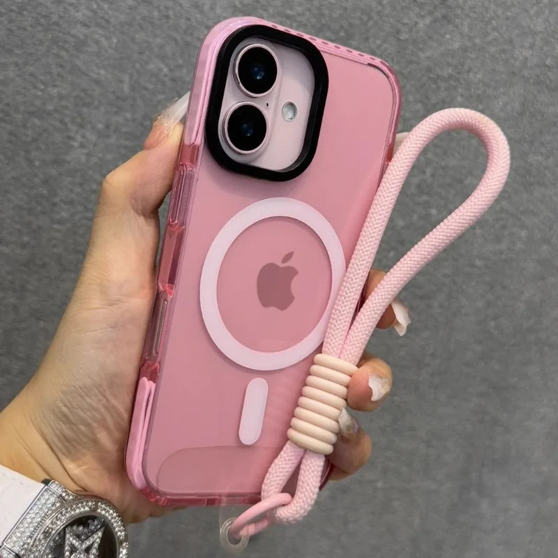 Transparent Neon Color MagSafe Lanyard Phone Case for 15 16 17 Pro Max 13 14 12 11 Air Wireless Charging Soft Wrist Strap Cover