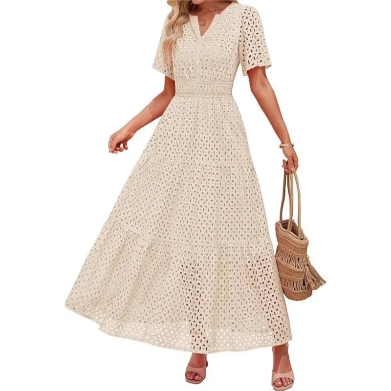 2026 New Summer Dress Solid Color Loose V-neck Hollow Out Elegant Versatile Temperament Unique  Comfortable Fashionable Vestidos