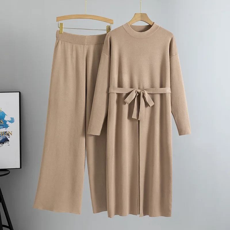 

Muslim Dress Sets Women Knitting Dresses Wide Leg Pants 2 Piece Suit Lace Up Knitted Vestidos Trousers Autumn Winter Outfits