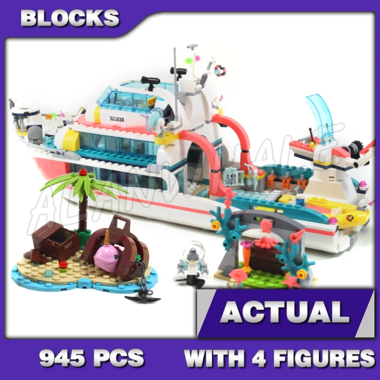 945pcs Friends Heartlake Rescue Boat Swiveling Crane Removable Deck Speedboat 11373 Building Blocks Toys Compatible With Model