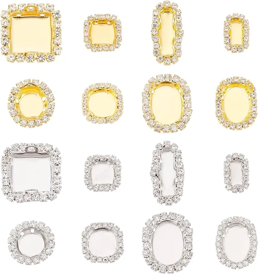 

32PCS Golden & Sliver Brass Cabochon Settings with Rhinestone Trim 8 Styles Cabochon Tray Rectangle Square Oval Bezel Pendant