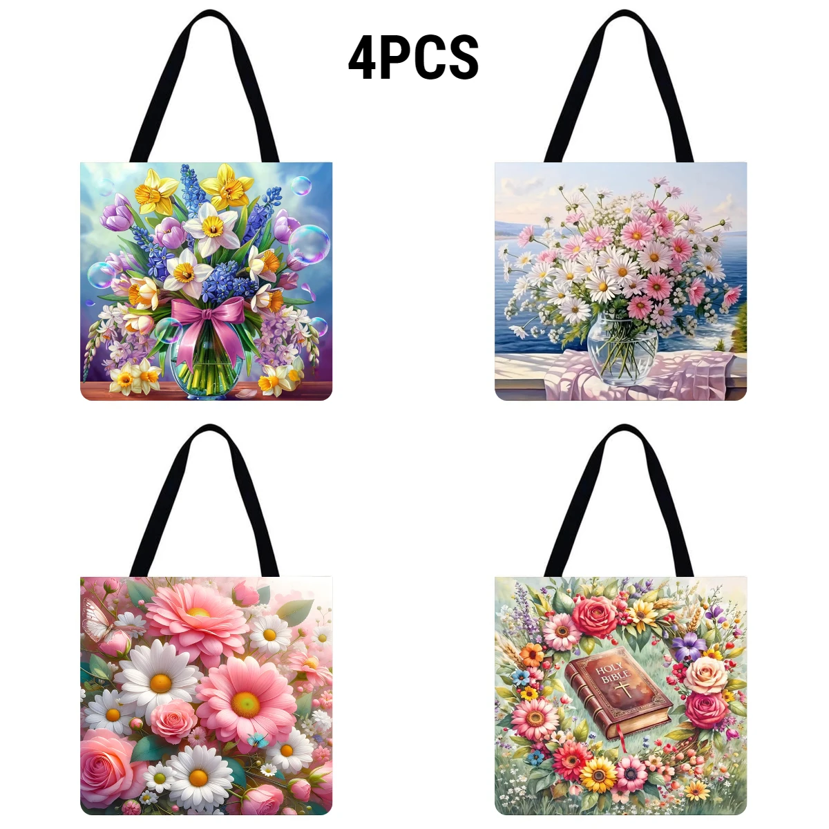 

4 шт., льняная большая сумка с цветами, большая вместительная женская сумка на плечо для покупок