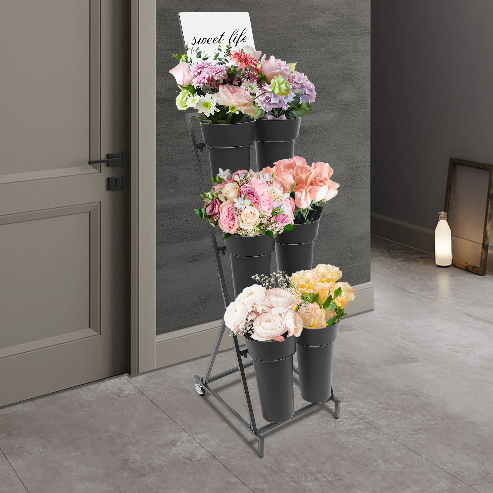 Présentoir de fleurs à 3 niveaux, étagère mobile moderne en métal pour plantes avec 6 seaux et roues pour fleurs, pour maison, jardin, Patio, balcon