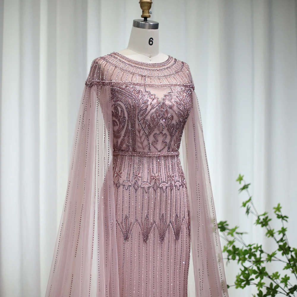 럭셔리 골드 머메이드 두바이 이브닝 드레스 케이프 슬리브 아랍어 핑크 플러스 사이즈 정장 파티 드레스 여성용, 웨딩 재고 있음 S204