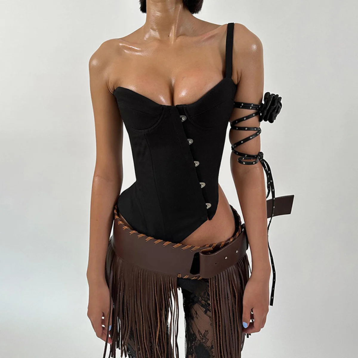 

Asymmetric Crop Tops One Shoulder Straps Corset Top Sexy Buckle Party Clubwear Slim Fit Tank Top Camisole Bustier Women Clothing