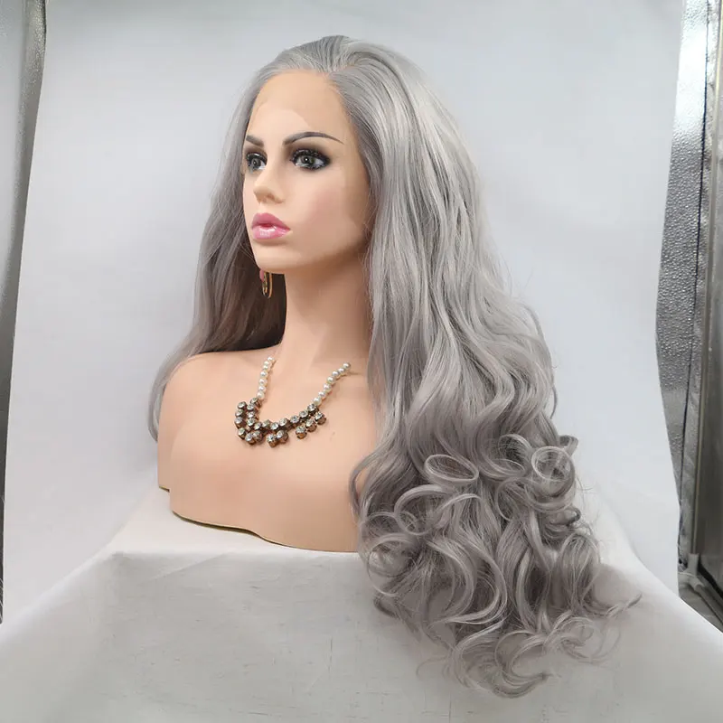 Silver Grey Deep Wave Hair Synthetic Lace Front Wigs High Quality Heat Resistant Fiber Hair Side Parting For Black Women Cosplay