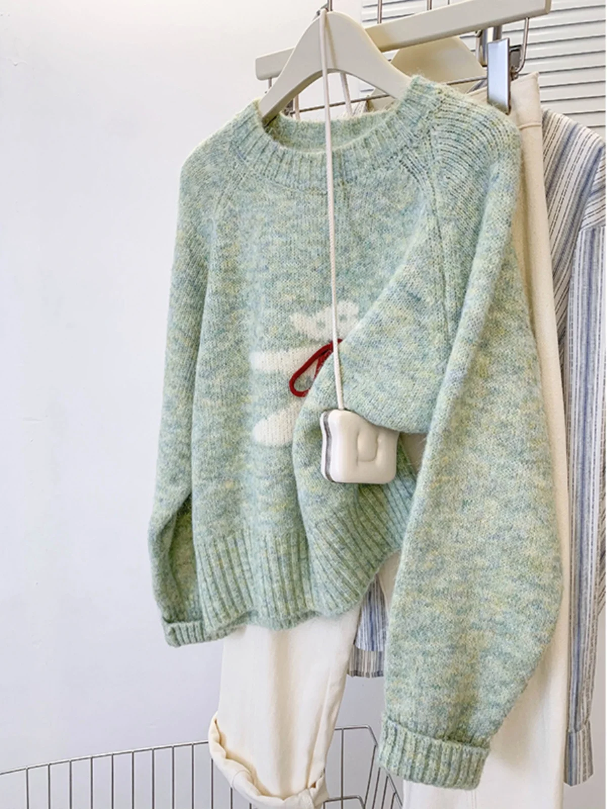 

Korean Sle Bear Knitted Sweater Women's Loose Fit round Ne Pullover Winter Lazy Faion Top Trendy Long Sve Polyester