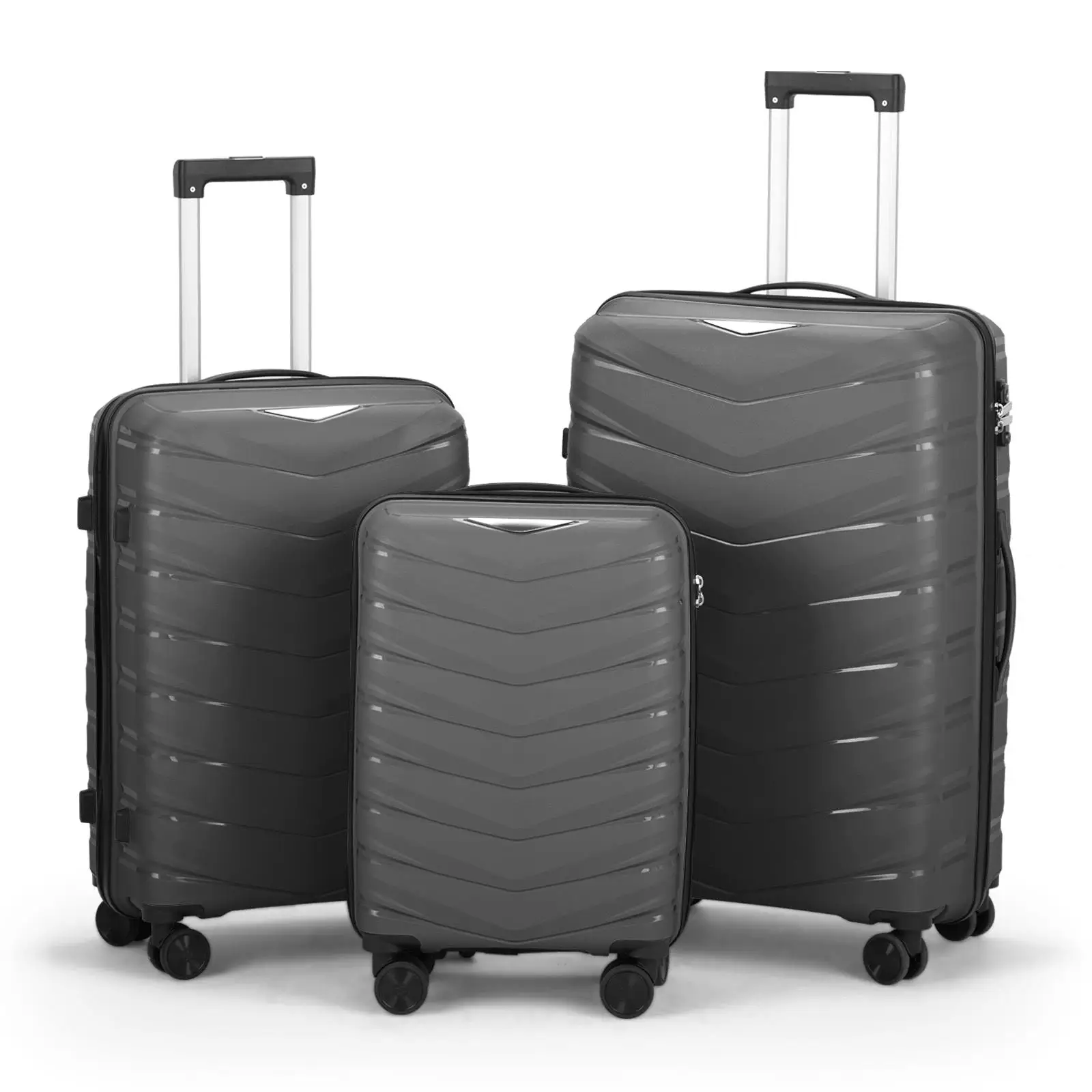 3-in-1 V-Shaped Stripe PP Trolley Case - Classic Dark Gray (20in, 24in, 28in) Travel Luggage