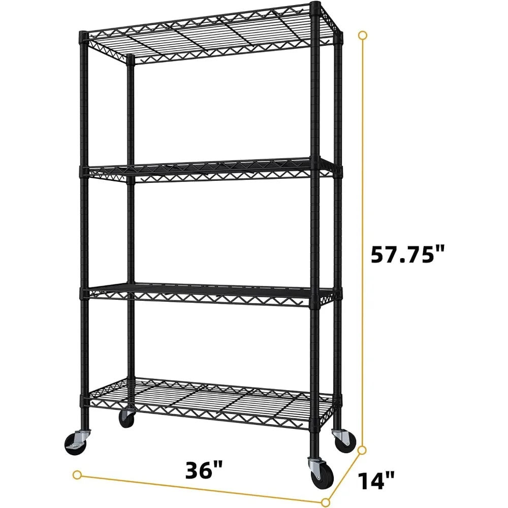 SINGAYE-Prateleira De Armazenamento Ajustável com Rodas, Heavy Duty Shelving Unidade, Rack De Armazenamento, Prateleiras De Arame para Garagem, 4 Tiers