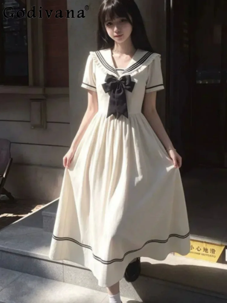 Sweet College Navy Collar Temperament Women Summer New Bow Japanese Dress Fashion High Waist A-line Age Reduction Long Dresses