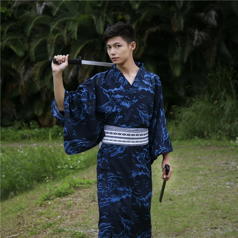 Japanese Traditional Men's Kimono With Belt Yukata Home Clothes Loungewear Blue Dragon Pattern