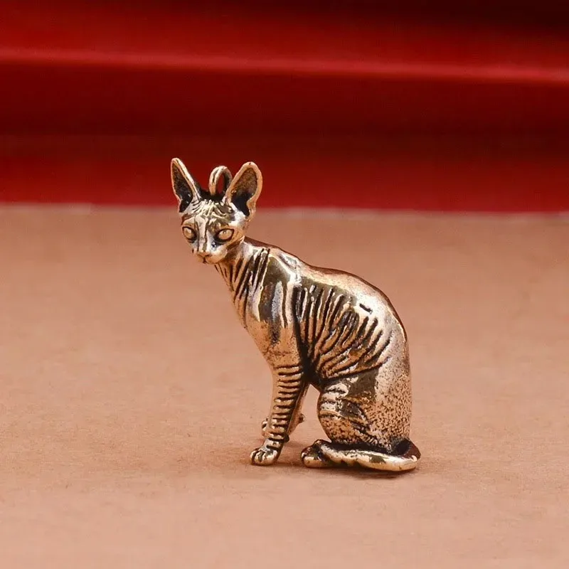 Solid Brass Hairless Cat Small Statue Vintage Animal Figurines Desktop Lucky Home Decor Craft Ornaments
