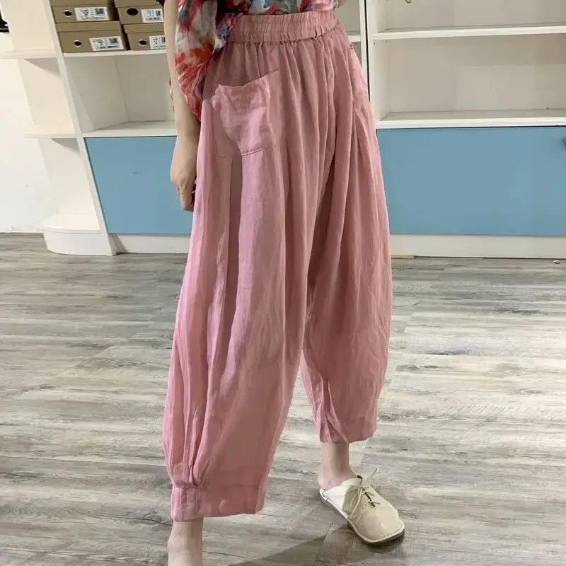 

Casual Lantern Pants Women Summer Trend Double Layer Thin Cotton Linen Pants Japanese Style Loose Simple Cropped Pants Trousers