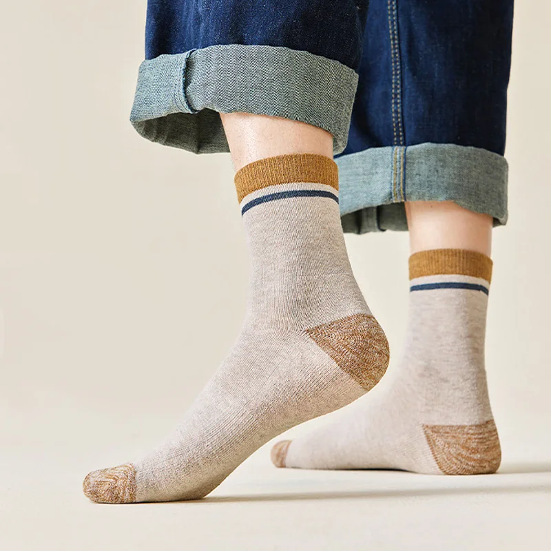 Neue 5 Paar Hochwertige Herrensocken für Herbst und Winter, Verdickte Socken für Männer, Wärmesocken, Einfarbige Baumwollsocken für Männer – Detail 7