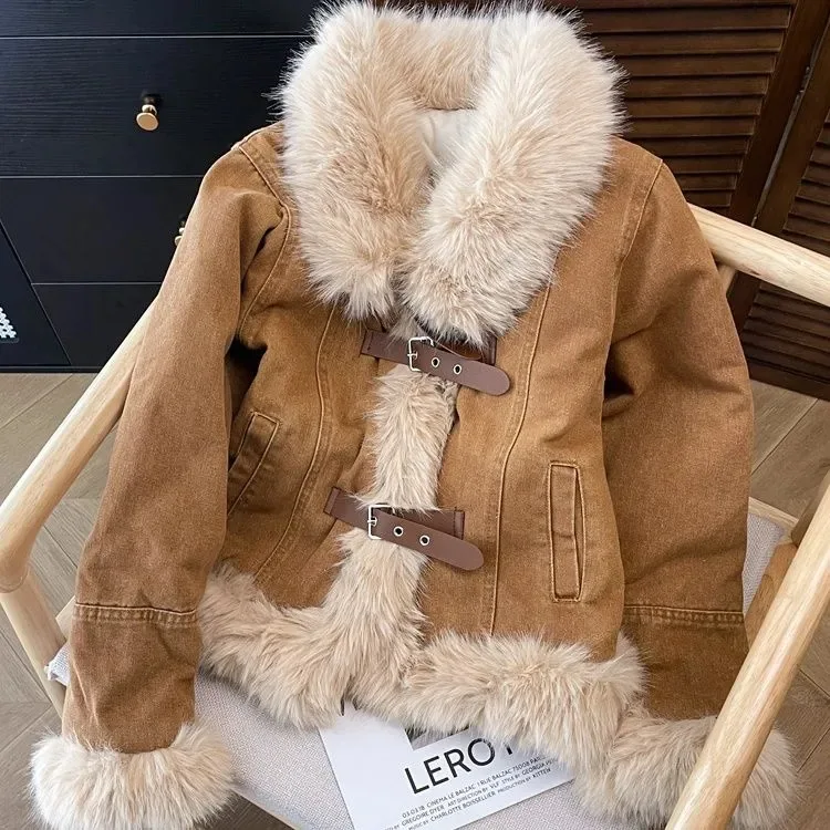 Women Thick Denim Jackets Turn Down Collar Warm Solid Coats Long Sleeve Spliced Button Pockets Cardigan Fur Collar Autumn Winter 4 Women Thick Denim Jackets Turn Down Collar Warm Solid Coats Long Sleeve Spliced Button Pockets Cardigan Fur Collar Autumn Winter 4