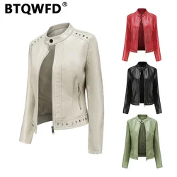BTQWFD-chaquetas de cuero con remaches para mujer, ropa de motocicleta con cremallera, abrigo femenino, moda de otoño e invierno, Primavera, 2024