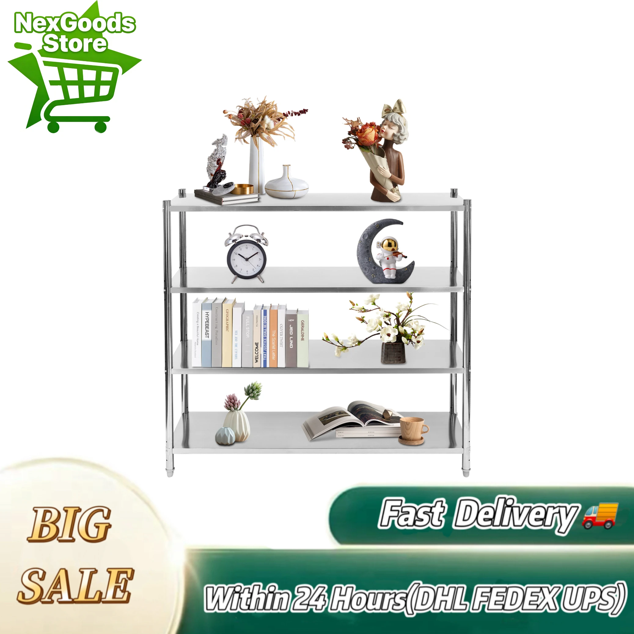 

4-ярусный стеллаж для хранения, грузоподъемность 150 кг, регулируемая высота, из нержавеющей стали, сверхпрочный, для хранения и демонстрации товаров