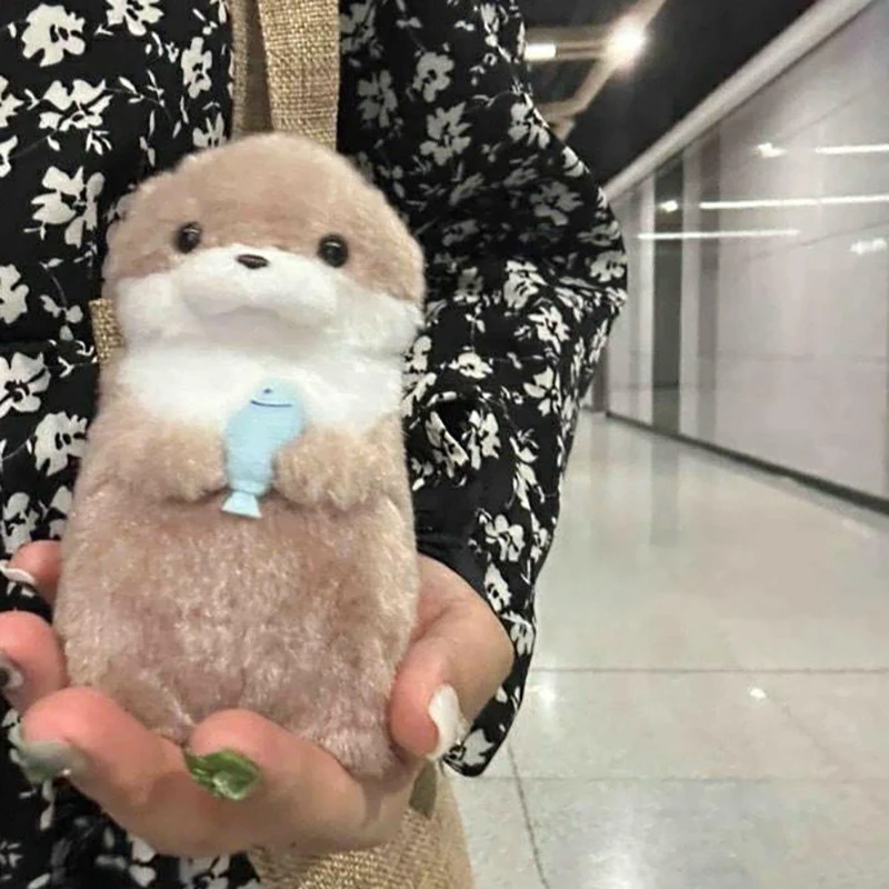 Cartoon Cute Otters Holding Fish Plush Doll With Chain Creative Kawaii Keyrings Hanging Pendant Jewelry School Bag Wallet Charms