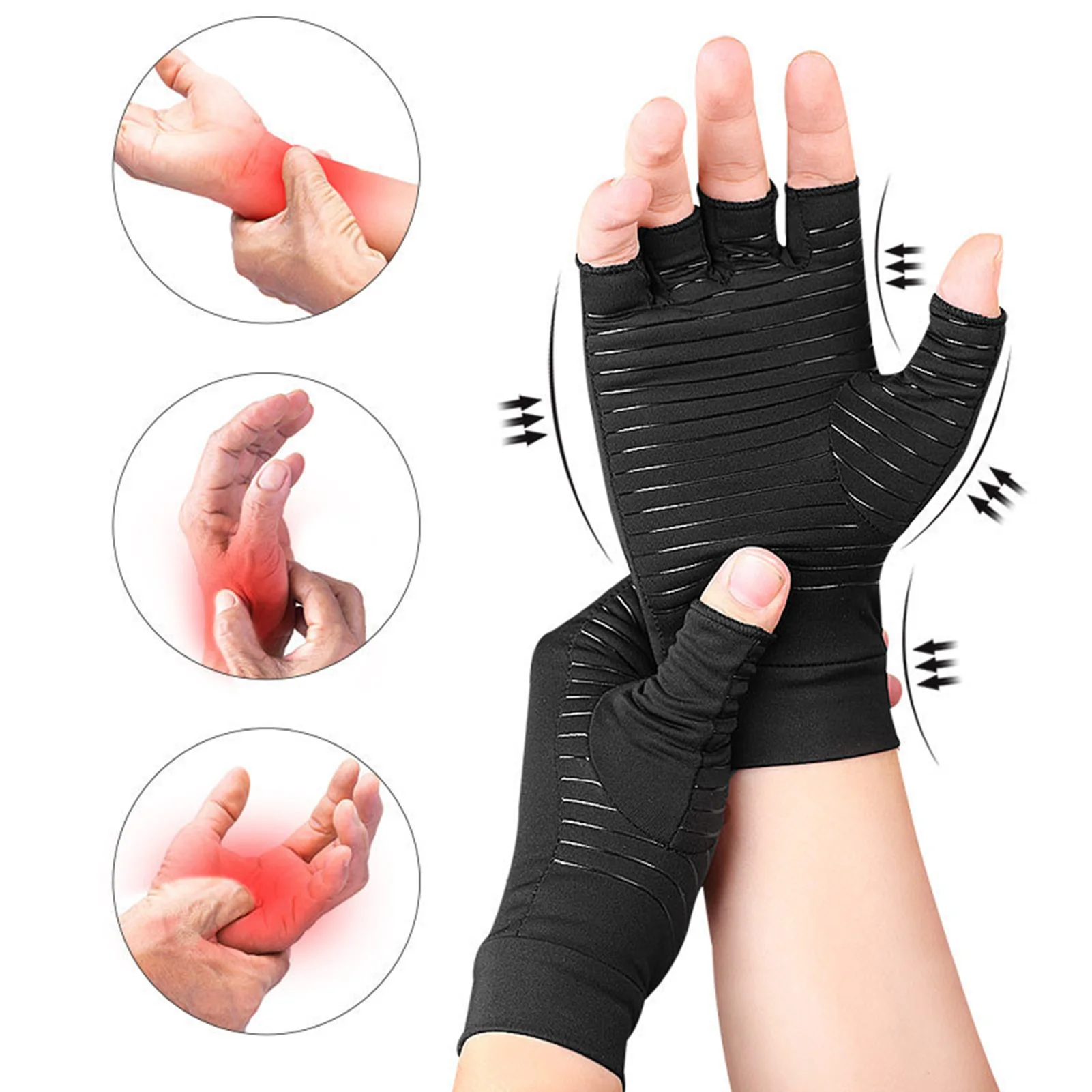 1 Paar Kupferfaser-Kompressionshandschuhe, atmungsaktive fingerlose Handgelenkstützhandschuhe zur Linderung von Handschmerzen