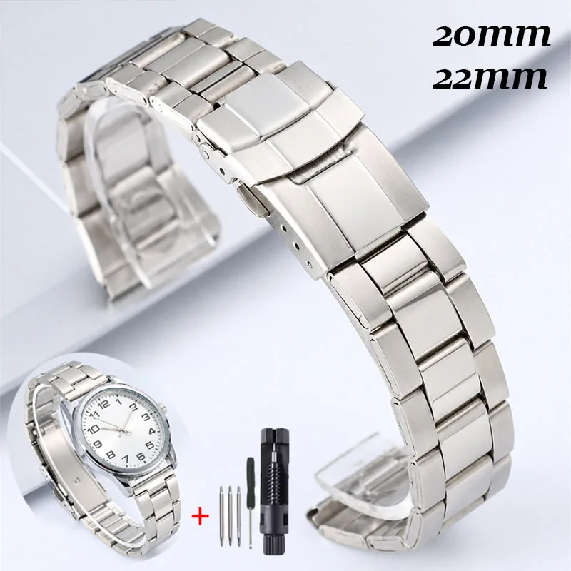 Three Link Stainless Steel Watch Strap 20/22mm for Huawei GT6/5/4 for Seiko Replacement for Rolex Metal Folding Buckle Bracelet