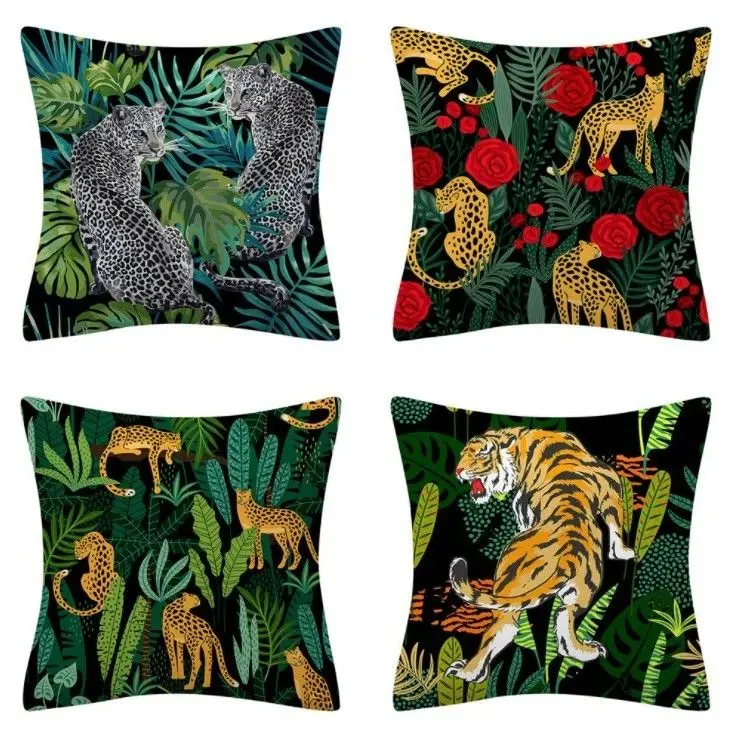 Oil Painting Green Plants Tiger Leopard Pillowcase Living Room Sofa Office Car Waist Protection Cushion Cover 45*45cm