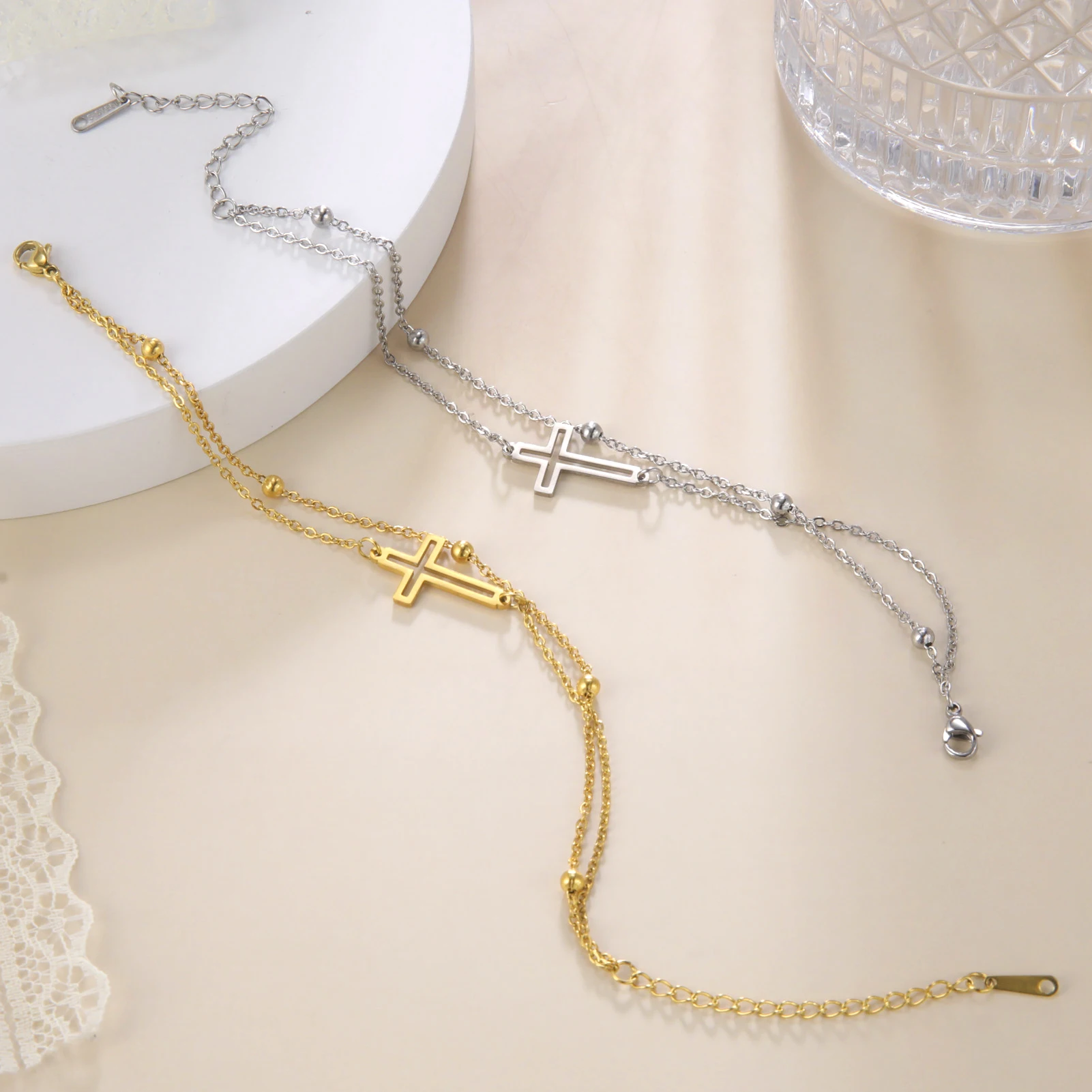 Fashion Women\'s Jewelry Cross Pendant Bracelets Stainless Steel Double Layer Chain Bracelets for Men Women Trend Gift