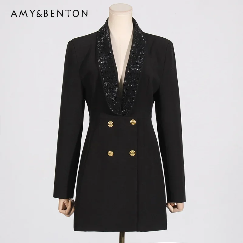 Spring Summer New Fashion Temperament V-neck Heavy Industry Bead Splicing Sexy Backless Blazer High-end Socialite Jacket Women