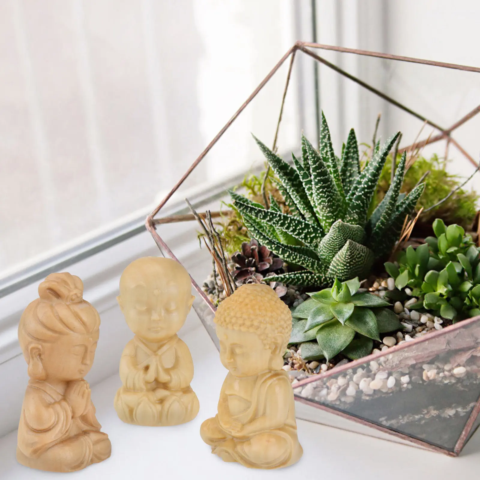 3Pcs Buddha Decoration Hand Carved Mini Avalokitesvara Statue Set Portable Floral Pot Micro Ornament Zen Home Office Buddhist - view 5